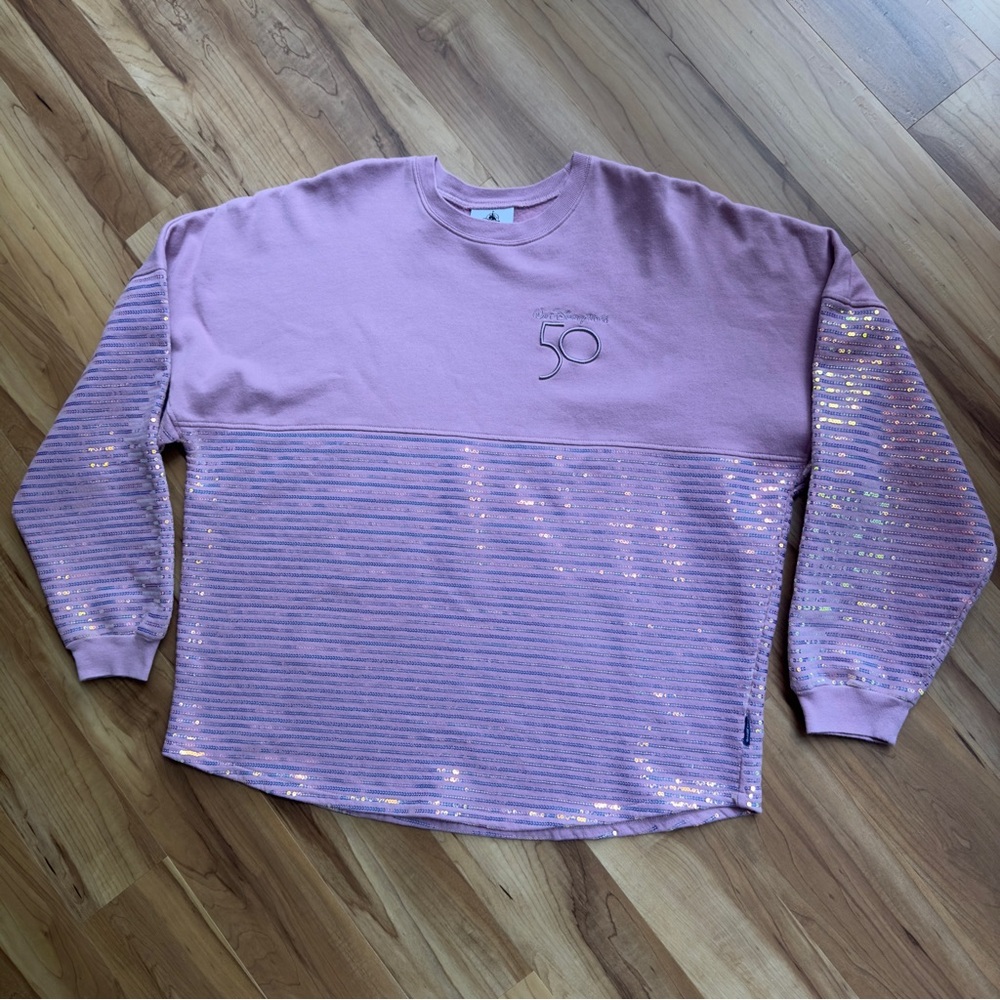NWOT DISNEY 50th Anniversary Spirit Jersey sequin sweatshirt Size XXL, rose pink
